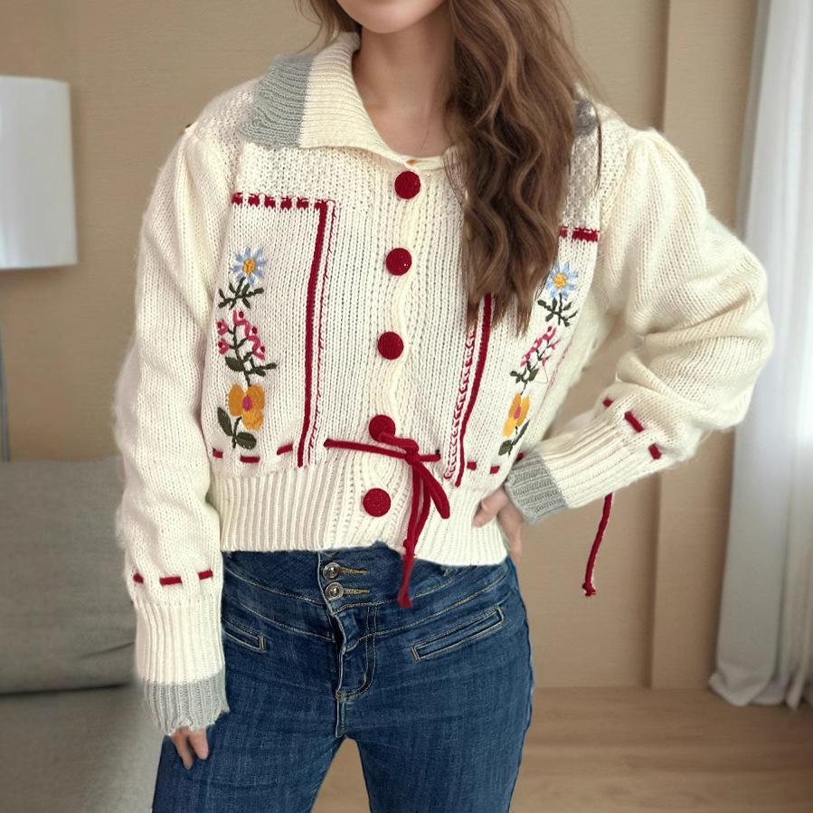 

Женский свитер с коротким лацканом на завязках для осени и зимы, утолщенный вязаный кардиган с вышивкой в виде цветов 3518 M бежевый