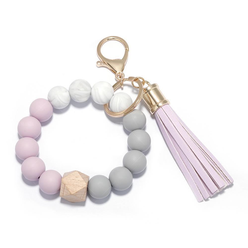 Elegant Silicone Bead Keychain Bracelet with Leather Tassel - Women's European and American Style
