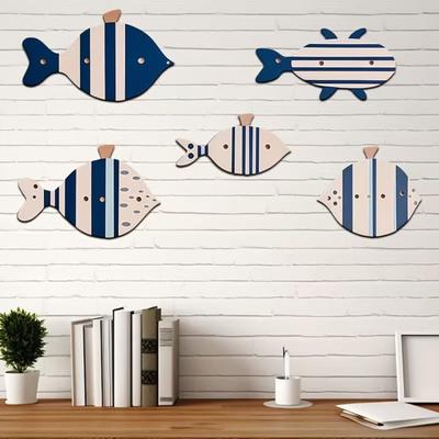 5 Pcs Wooden Fish Wall Decor Nautical Rustic Fish Wall Art Sculpture Beach Coastal Theme Farmhouse Hanging Sign for Home Bathroom Bedroom Lake House