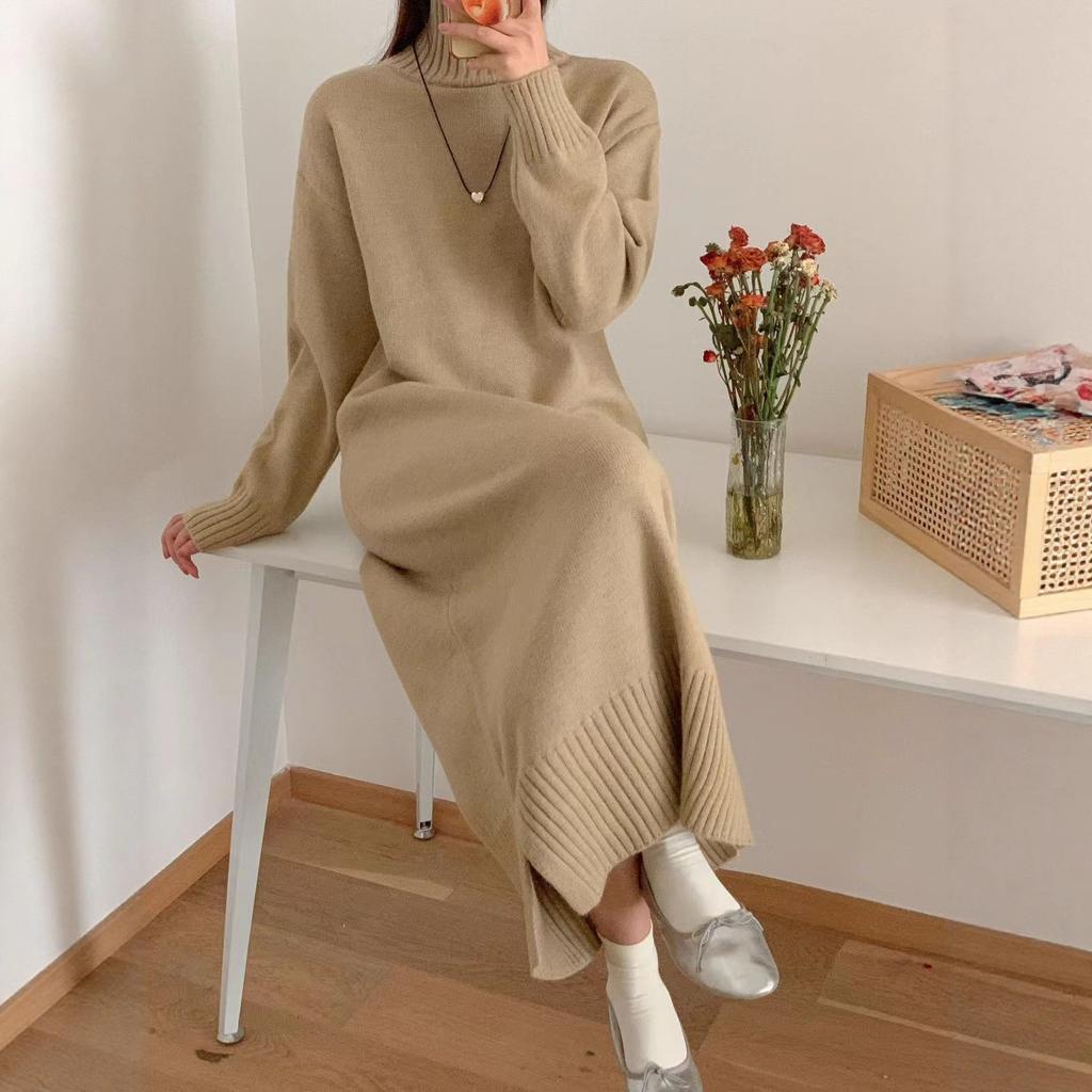 European and American new half-high neckline side slit loose lazy style long-sleeve thickened solid knit long skirt for women