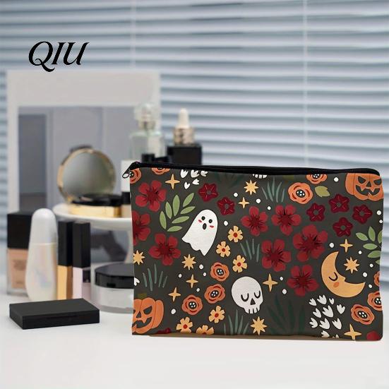 Smooth Zipper Storage Pouch Bag, with Halloween Pattern Printed, Ghost Design Bag Canvas Makeup Large Capacity Travel Cosmetic Wear-resistant
