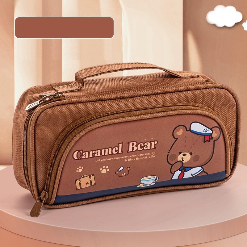 Cartoon Pencil Bag Pen Case Kawaii PU & Canvas Handbag Multi Slot Mesh Pocket Storage Pouch for Stationery