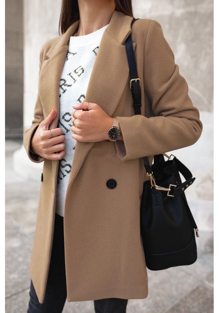 Women's Solid Color Double-Breasted Lapel Woolen Coat for Autumn/Winter 2025