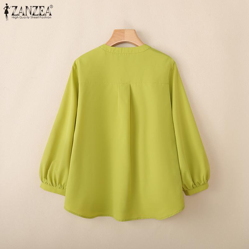 ZANZEA Damska codzienna bluzka z dekoltem w serek, w jednolitym kolorze, luźna, z długim rękawem