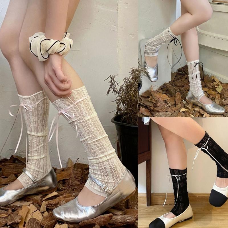 Womens Girls Summer See Through Striped Lace Leg Warmer Cute Ribbon Bowknot Lightweight Leg Cover Long Socks Stockings