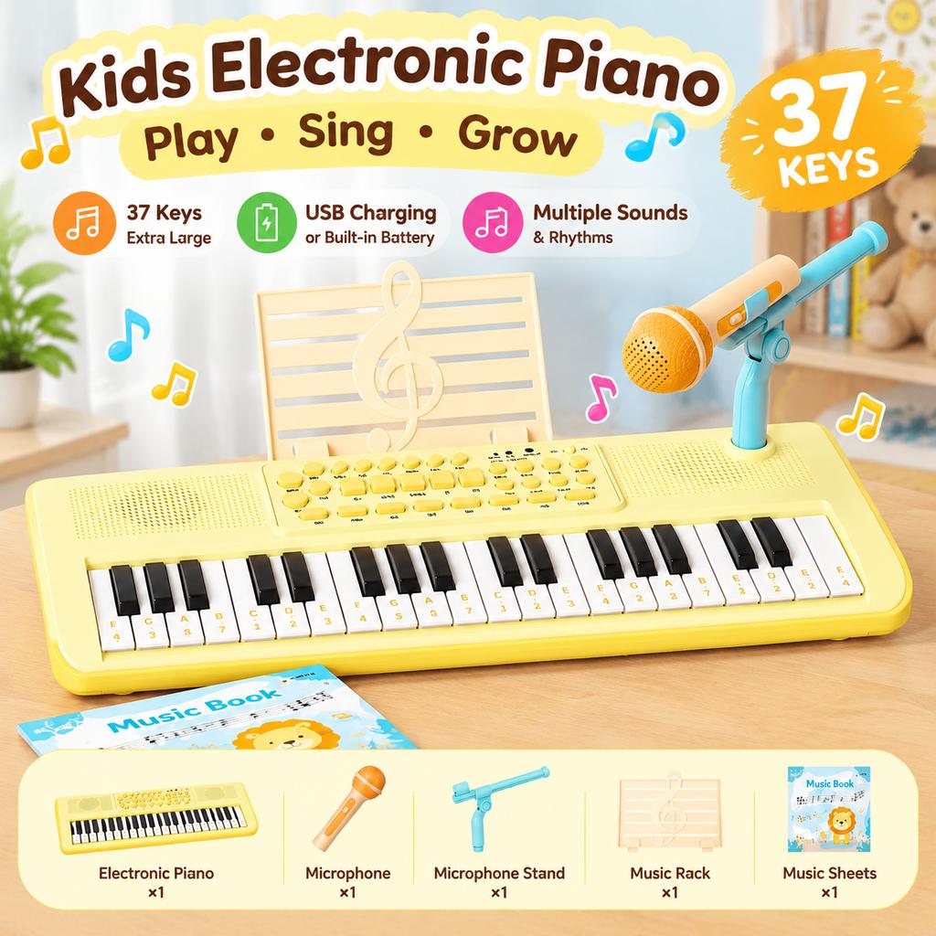 Kids 37-Key Electronic Piano Toy Set USB Rechargeable
