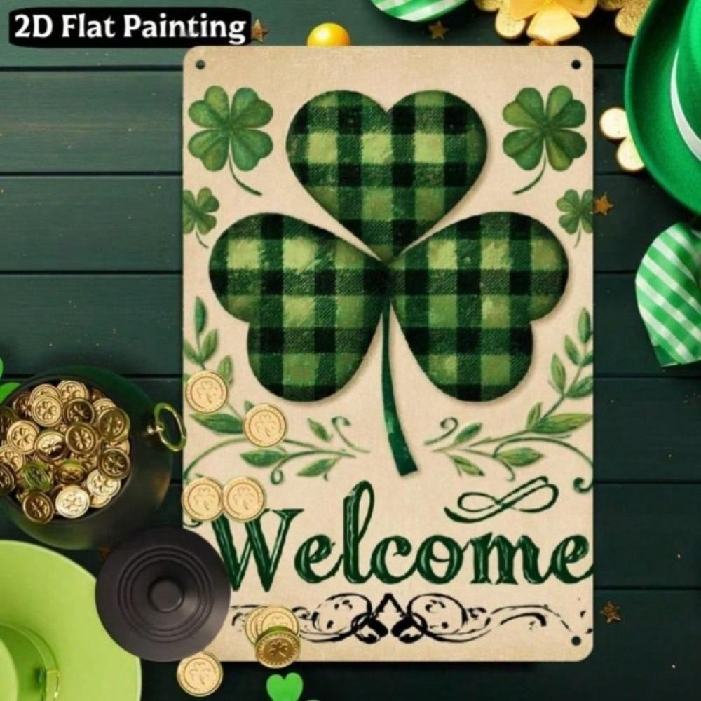Metal Wall Art Poster Patrick Green Plaid Shamrock for Home Bar Garage Decoration