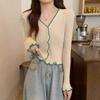 Fashionable and Fresh V-neck Elegant Ladies Knitted Sweater Bottoming Shirt, Spring and Autumn New Long-sleeved Wooden Ear Cardigan Bottoming Top