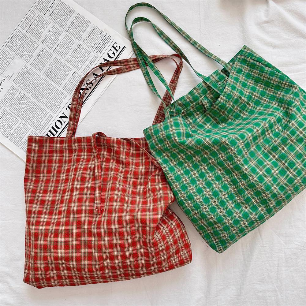 L310 Retro Plaid Canvas Bag Stylish Versatile Lightweight Shoulder Tote For Women