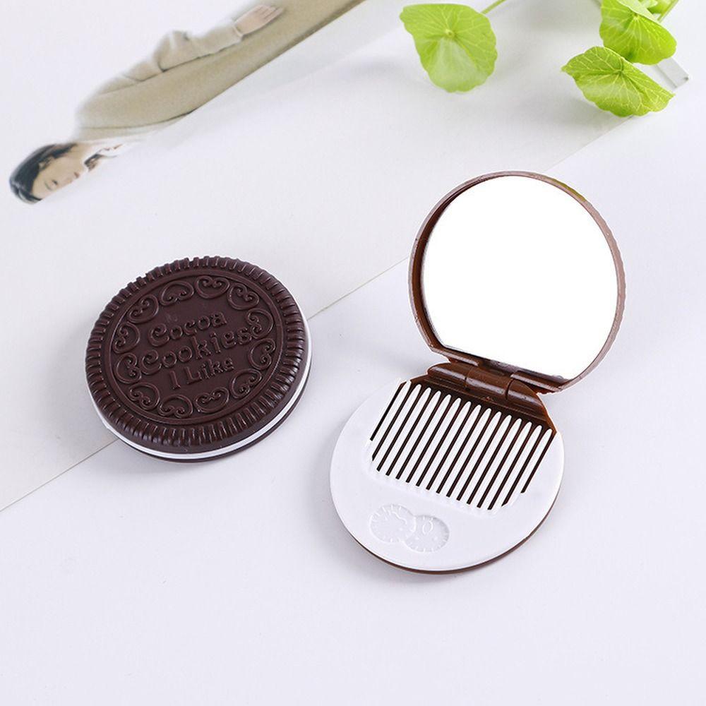 Mini Chocolate Cookie Mirror Cute Biscuits Shape Makeup Mirror with Comb Hair Styling Tool Cartoon Folding Compact Pocket Mirror