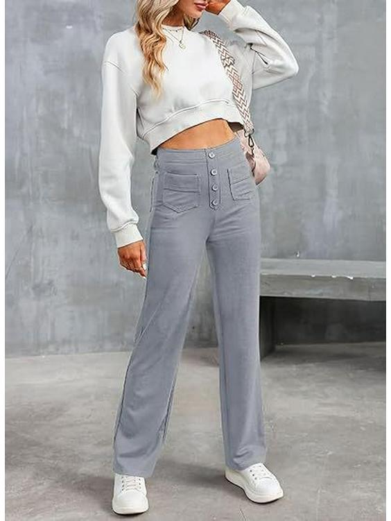 2024 Women's High-Waist Casual Straight Pants with Elastic Belt & Multiple Pockets