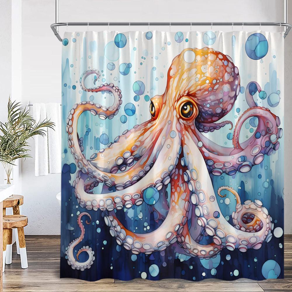 Octopus Nautical Shower Curtain Ocean Animal Wave Marine Life Map Vintage Bathroom Decor Sea Kid Child Bath Curtain With Hook