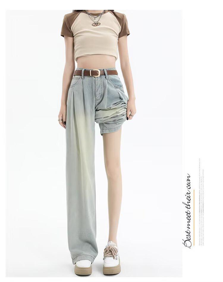 Korean Style High Waist Wide Leg Jeans - Women's Retro Pleated Loose Straight-Leg Pants for Spring & Autumn
