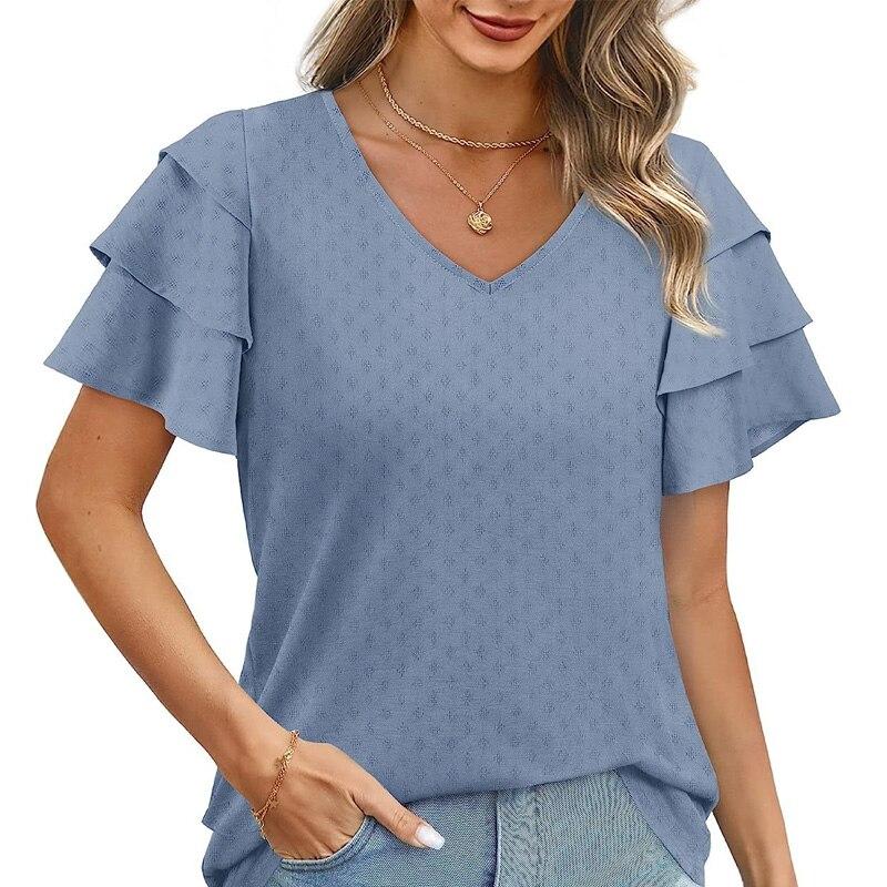 Casual Loose Summer Womens Shirts 2023 Fashion Short Sleeve Chiffon Blouse Women Tops Elegant Female Clothing V Neck 26486