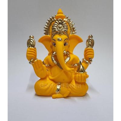 Handgefertigter Mango Terrakotta Ganesha mit goldenem Schmuck für Armaturenbrett, Heim-/Bürodekoration, Geschenke/Einzugsgeschenke