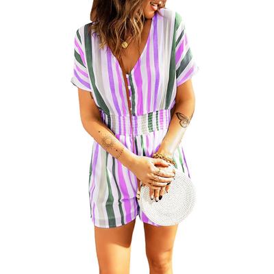 Summer Women's Jumpsuit Fashion Elastic Waist Striped Print V-neck Button Jumpsuit Shorts