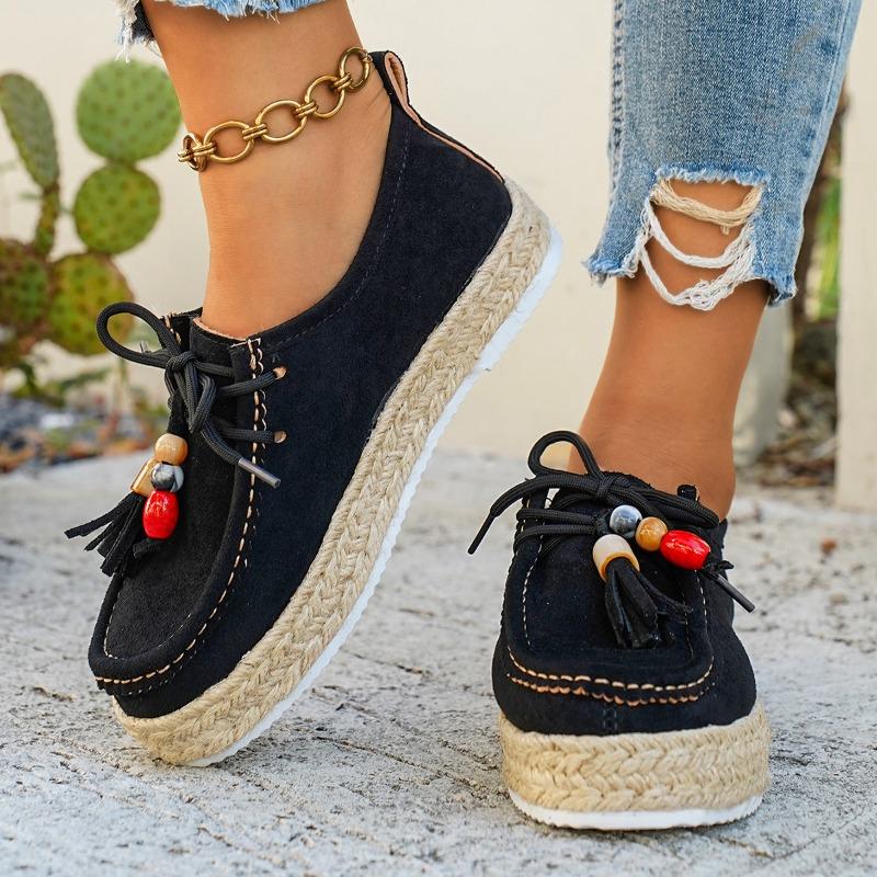Women's Platform Fashion Single Shoes Fall New Retro Versatile Front Strap Beaded