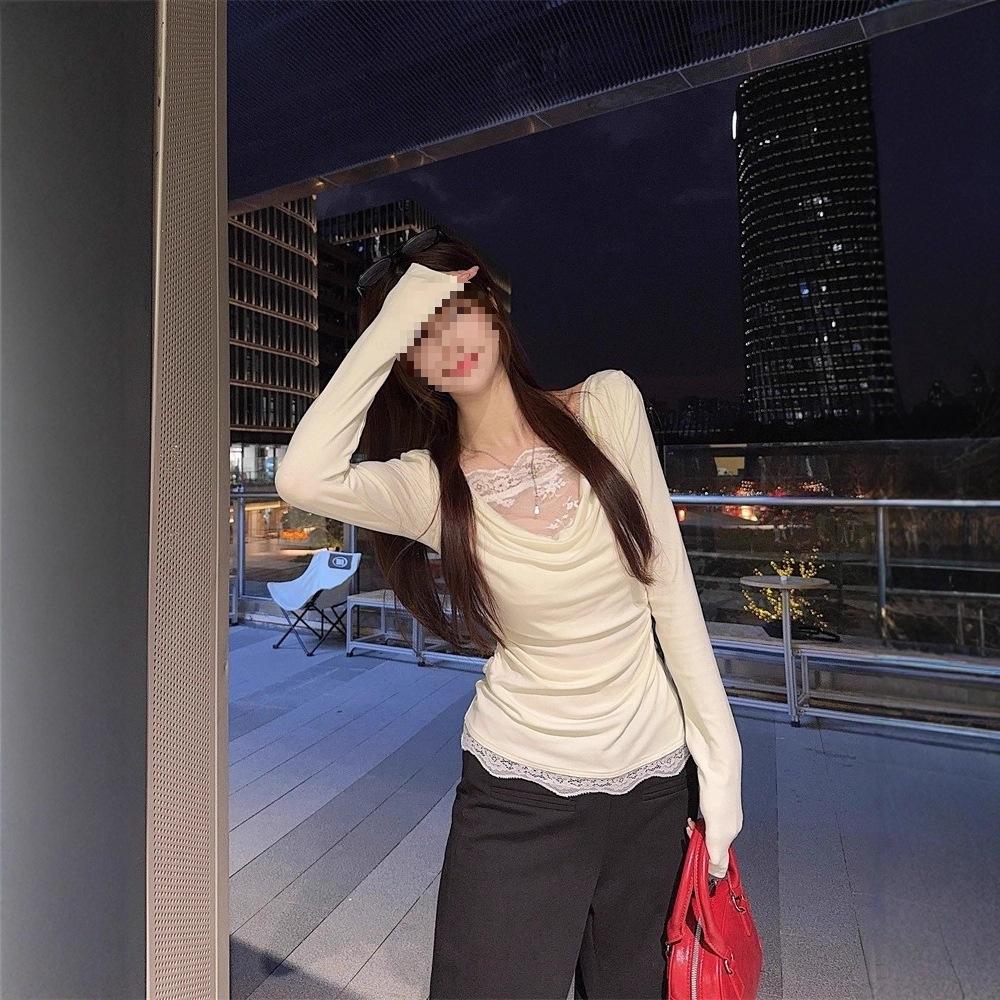 Pure desire sexy one-word shoulder swinging collar top women's autumn and winter design sense lace splicing fake two-piece slanted shoulder bottoming