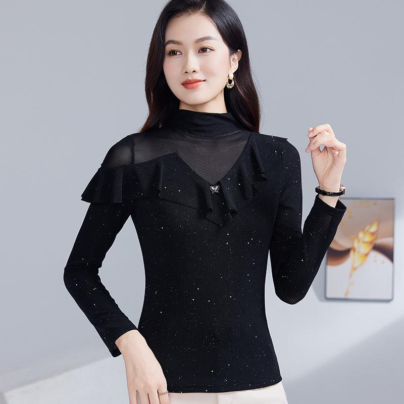 

Топ с сетчатыми вставками и оборками с полувысоким воротником для женских бальных танцев, весна/осень 2025 XL чёрный