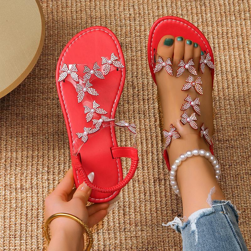 Kadın Yapay Elmas Kelebek Dekor Düz Sandalet, Günlük Burnu Açık Yaz Ayakkabı, Hafif Elastik Bant Sandalet