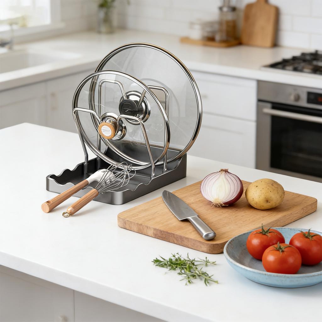 Kitchen Pot Lid Storage Rack Removable Drip Tray Stainless Steel Multifunctional Pot Lid Organizer for Kitchen Countertop