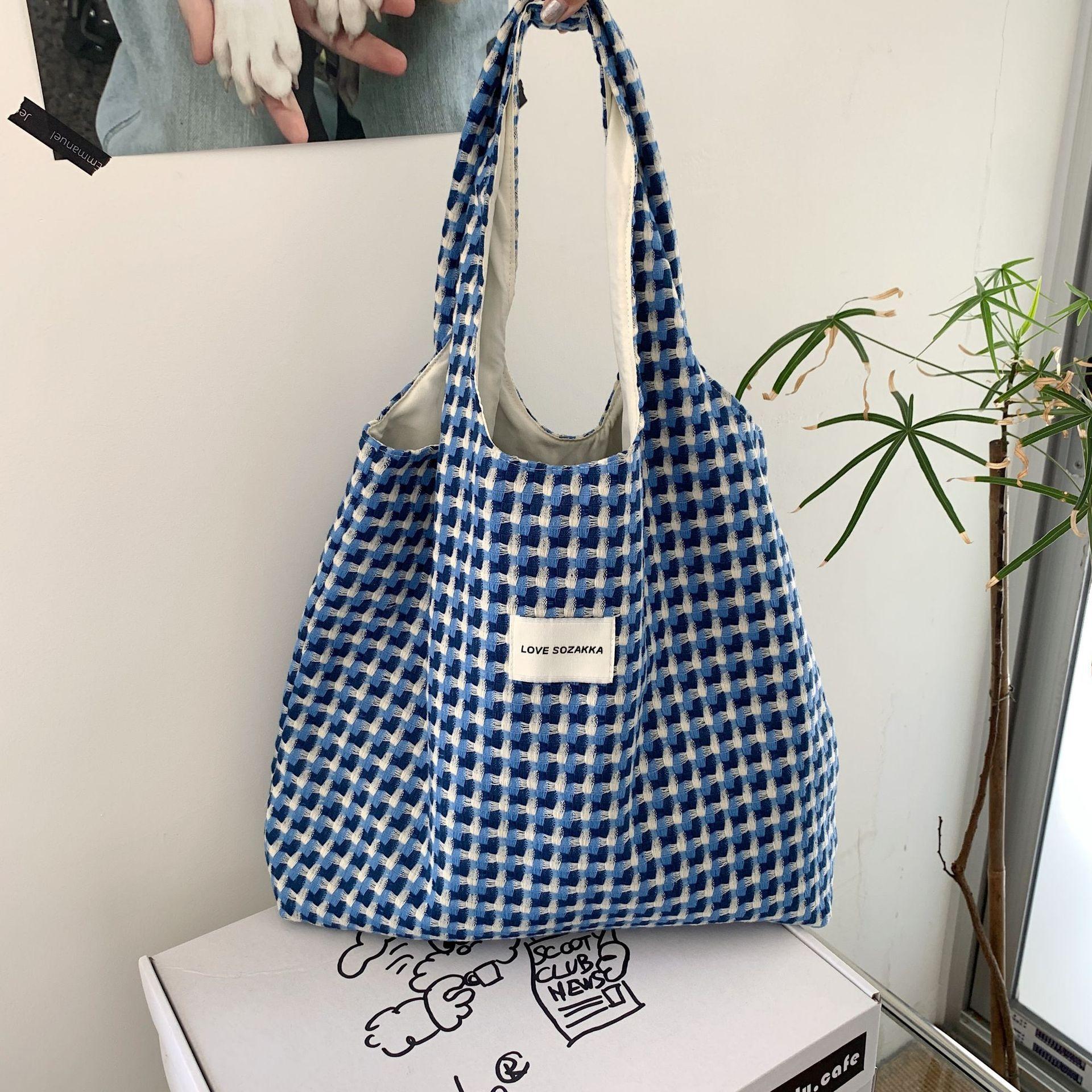 

Korean Refreshing Lake Blue Shopping Bags Fashion Plaid Handheld Shoulder Bag Student Class Cloth Bag синий