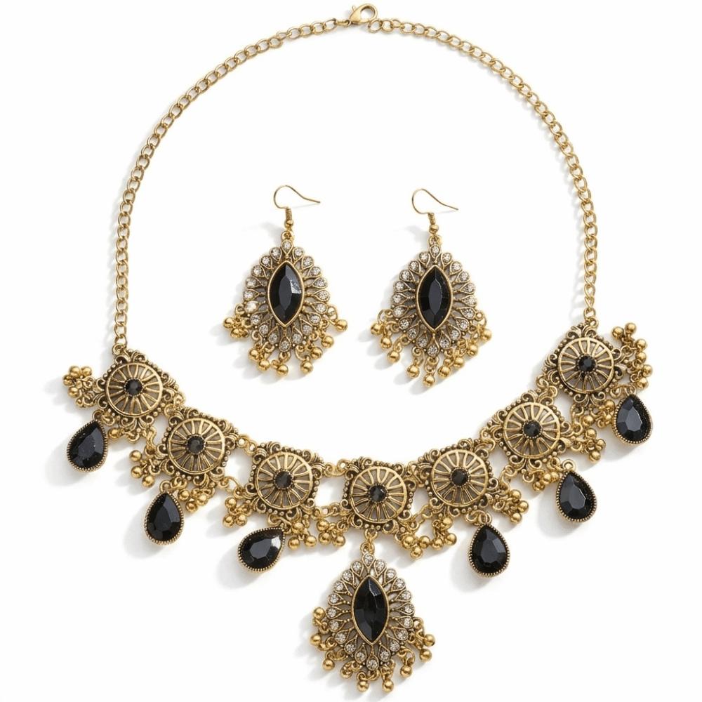 Metal Necklace Earrings Set Bohemia Style Ethnic Style Necklace Set Rhinestone Jewelry Set Women