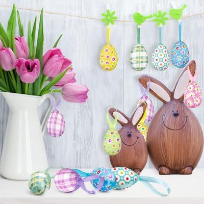 24 Stück Mehrfarbige Ostereier Ornamente DIY Basteln Handgefertigt Hängeornamente Hängeschnüre Dekorative Schaumstoff Ostereier