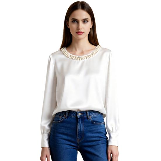 Women Tops Round Neck Long Sleeve Smooth Satin Pullover Tops Solid Color Loose Fit Faux Pearls Decor Casual Shirt Daily Wear