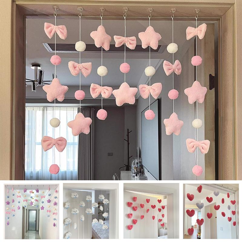 1 Set Divider String Lovely Hanging Ornaments Girls Room Decor Tassel Curtain Romantic Heart Shaped Pink Bow Curtain Decor