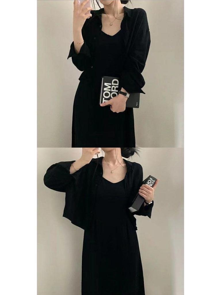 ZZ Schickes Koreanisches Retro Frühjahrs- und Herbst-Zweiteiler: Sexy Trägerkleid + Hemdkleid