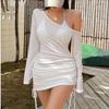 Solid Color Swimsuit Coverup Skew Collar Party Clubwear Dress Stylish Drawstring Dress  Beach Party