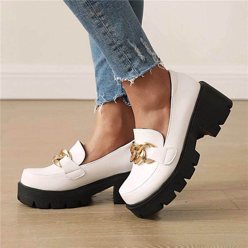 Meotina Escarpins à talons épais et plateforme pour femmes, décoration en métal, bout rond, talons hauts, chaussures pour dames, mocassins à la mode pour le printemps, noir