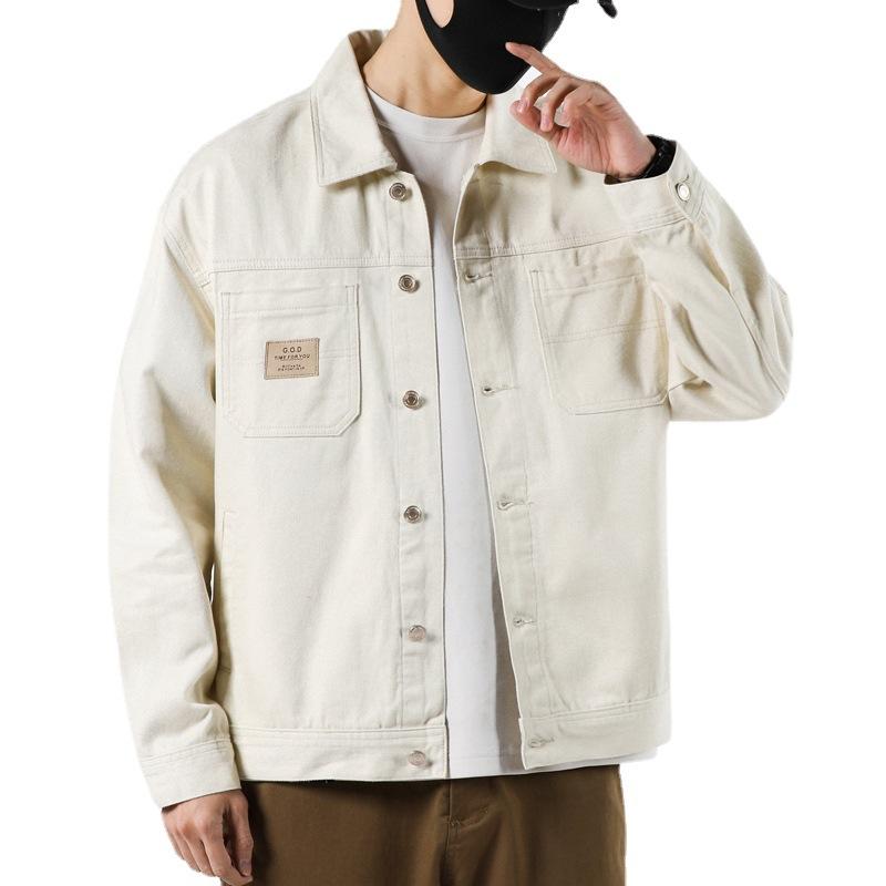 Pamuklu Kot Ceket Erkek İlkbahar ve Sonbahar Kore Versiyonu Bol Moda Hepsi Bir Arada Kargo Ceket Büyük Beden Beyaz Kot Giysiler