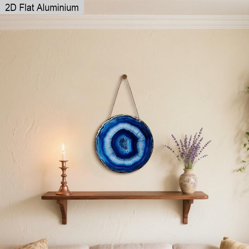2D Flat Aluminum Vintage Blue Agate Slice Pattern Design Wall Art Sign, Deep Blue & Black Veining, Islamic Home Decor, Garden Balcony, Indoor/Outdoor