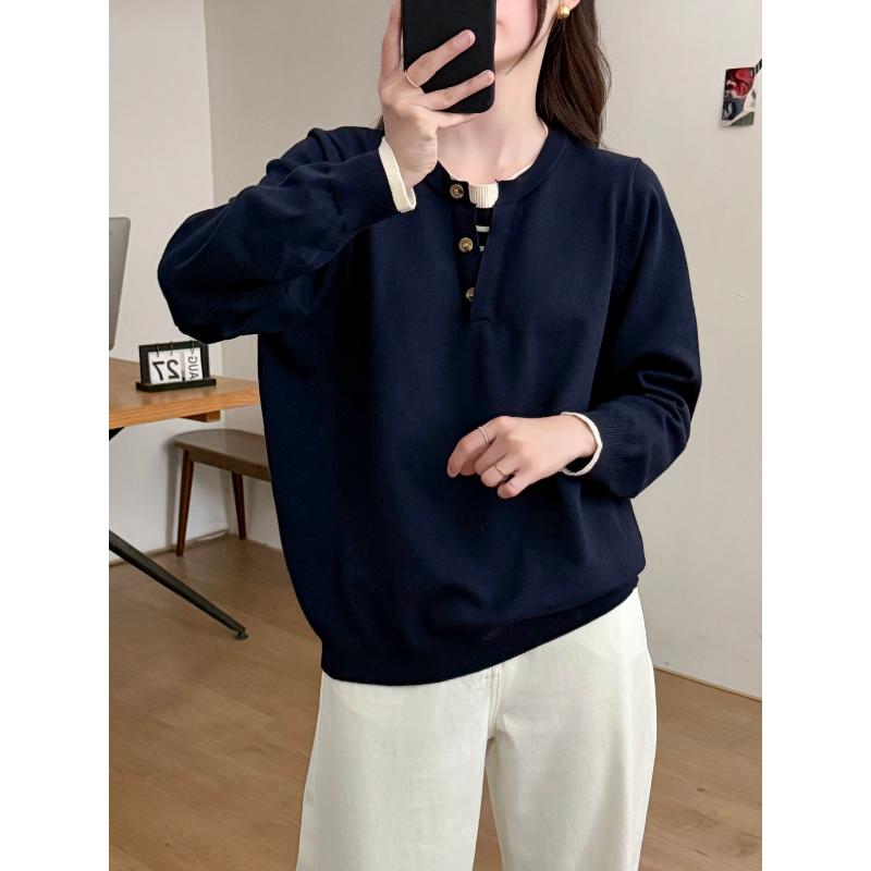 Women S Plus Size Striped Spliced Fake Two Piece Knit Sweater For Autumn