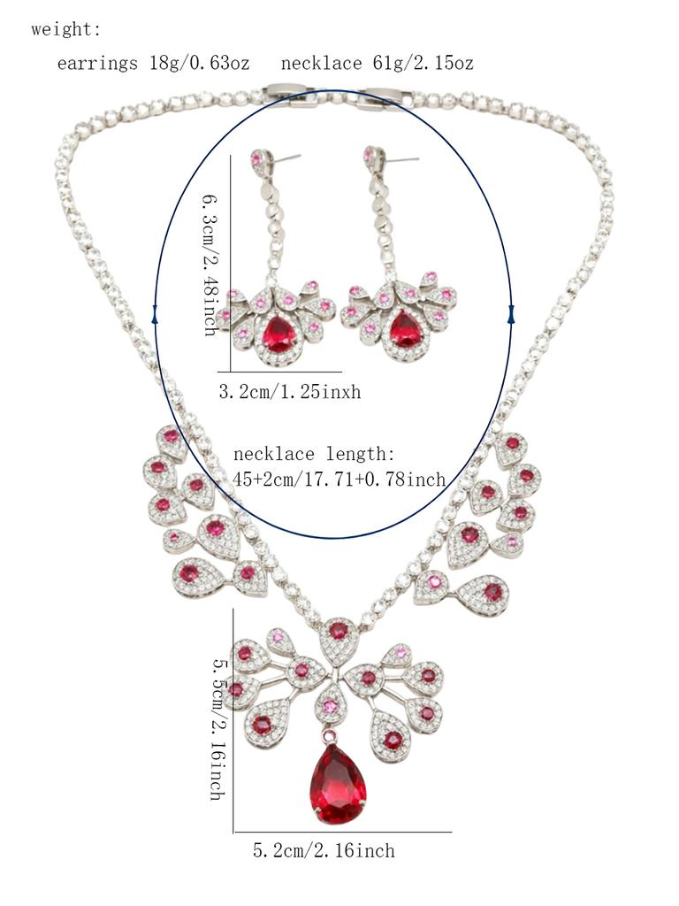 Luxury Red Zircon Necklace Earring Set for Women Elegant Water Drop Design Crystal Jewelry Party Wedding Evening Accessories