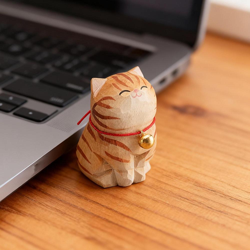 Cute Cat Animals Figurine Decorative Wooden  Ornament Kitten Statue Calico Coffee Home Bedroom Office Desk Decoration Gift Car