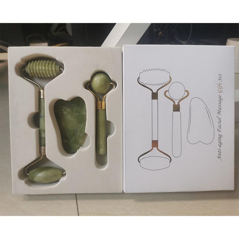 Woman Roller Jade 3-piece Set Massager Face Eyes Neck Forehead Beauty Scraping Pebble Facial Massage Stick