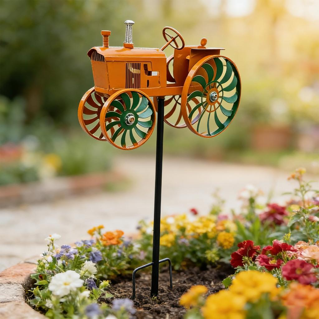 Tractor Wind Sculpture with Rotating Wheels Orange Tractor Windmill Stake Decorative Windmill for Garden Yard Patio Lawn Decor
