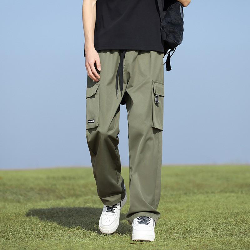Mens Loose Straight Fit Cargo Pants Lightweight Workwear Trousers With Drawstring Waist Multiple Pockets