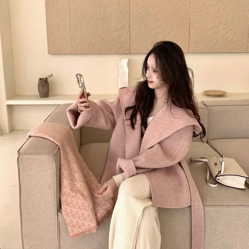 

R6Q Women s Wool Coat - Hooded, Tie-Waist, Bathrobe Style, XL, Loose Hepburn Autumn/Winter Coat with Turn-Down Collar Small (recommended for 101-120 jins)