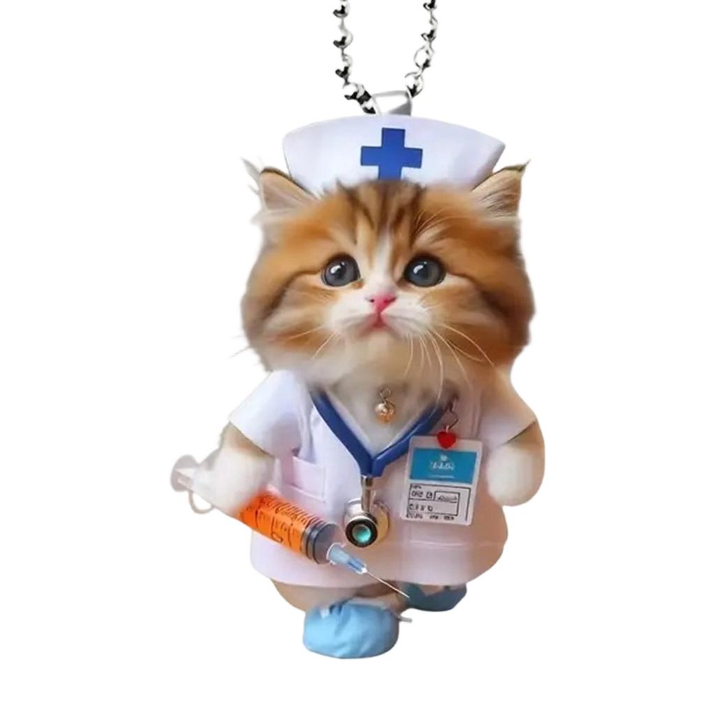 Playful Cartoon Feline Nurse Car Decoration Acrylic Hanging Charm With Sturdy Rope For Christmas Tree And Door Decoratio
