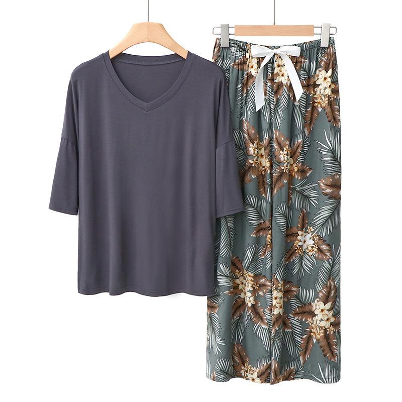 Sommer Damen Pyjama Sets Modal Kurzarm T-Shirts und Weitbein Hosen Heiß Lässig Homewear 2-teiliges Anzug Damen Nachtwäsche