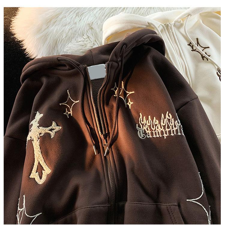 American Retro Oversize Hoodie Sweatshirt Women's Casual Outerwear Autumn Winter Coat Fun Print Couple's Loose Fit Cardigan