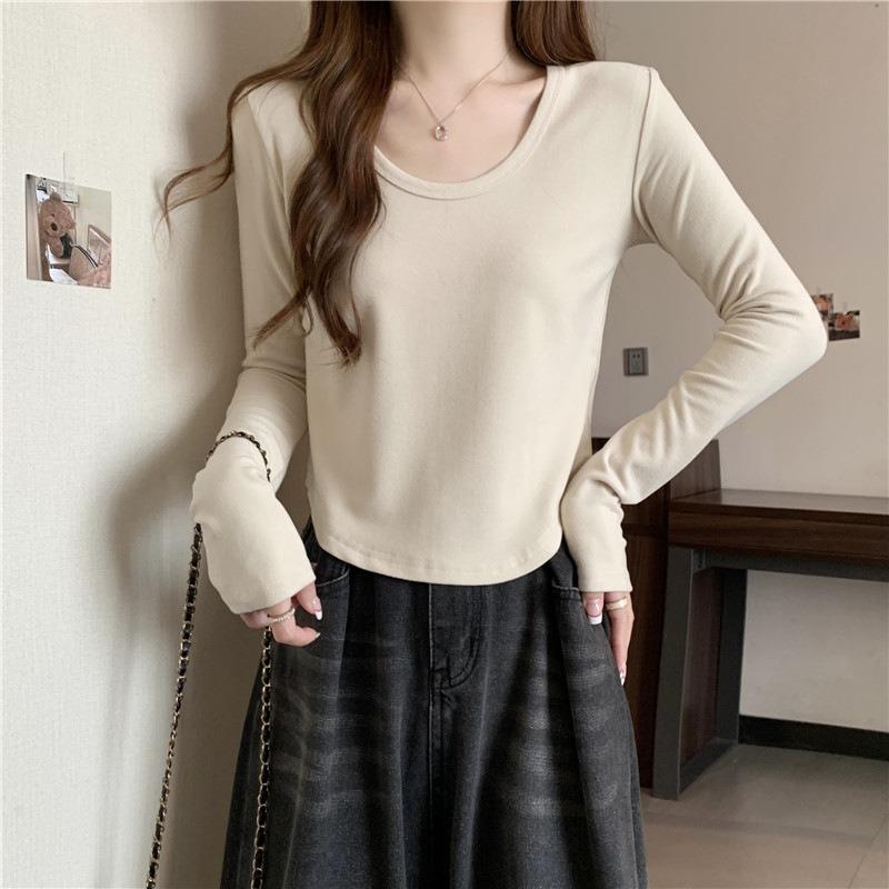 Wind Real Shot U-neck Long-sleeved T-shirt Women's Autumn and Winter German Velvet Velvet Thickened Inner with Short Warm Solid Color Shirt