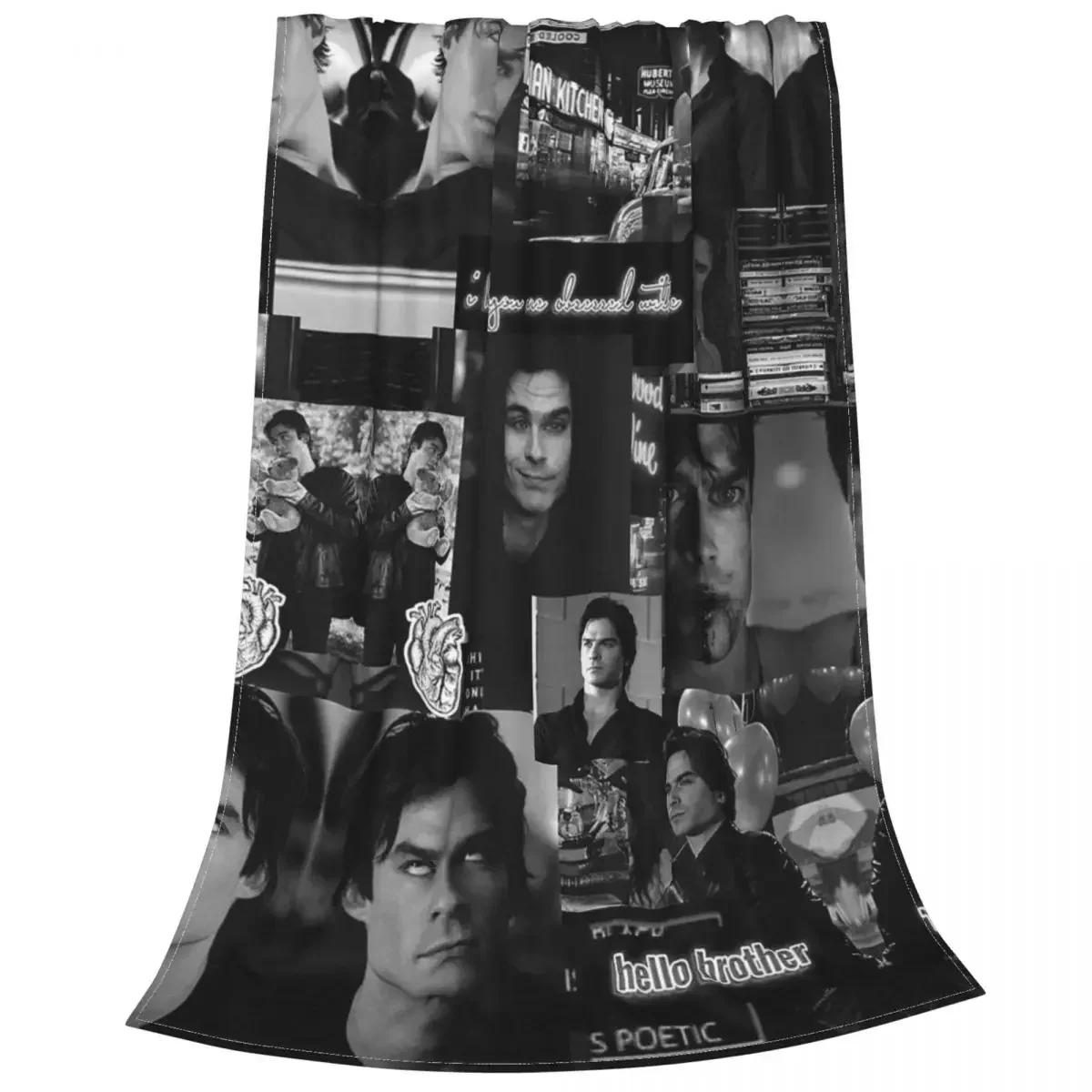 

Damon Salvatore The Vampire Diaries Flannel Blankets Vintage Throw Blankets for Sofa Bedding Lounge 150*125cm 75x90cm