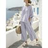 A New Summer Women's Clothing, Printed Striped Color Matching Medium-sleeved Crew Neck Top, Straight Casual Suit.