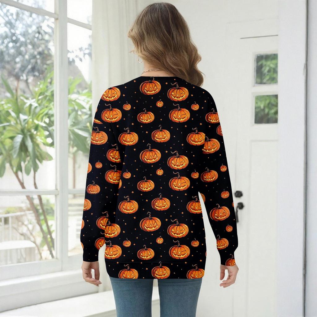 Women's Fashion Casual Long Sleeve Halloween Printed Neck Sweatshirt Top
