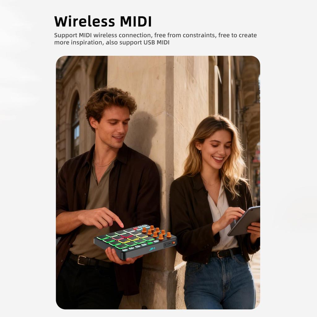 Summina MIDI Controller, 16 RGB Pads, 8 Knobs, 6 Customizable Buttons, Wireless Rechargeable 2000mAh Battery, USB MIDI Connectivity, for Music Product